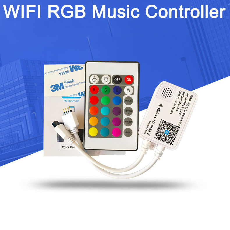 DC12~24V RGB WiFi Music Smartphone APP Remote LED Controller With 24 Keys Remote Control, Work With Alexa & Google Assitant